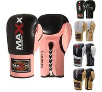 MAXX Maya Leather Boxing Gloves Fight Punch Bag MMA Muay thai Pad competitive Glove (Black/Pink, 12 oz)