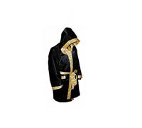 Maxx® MEN HOODED SATIN BOXING ROBE MUAY THAI BOXING KICK BOXING MMA UFC BOXING v (L, Black Gold)