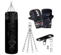 Maxx Punch Bag Boxing Set BLACK 4ft 5ft Heavy Filled Punchbag Gloves Bracket Full Black (6pcs set with Hook, 4FT)