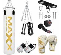 Maxx White And Gold 3ft 4ft 5ft 6ft Filled Hanging Boxing Punch Bag Set Heavy Punching bag (10pcs set with Hook, 4FT)