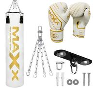 Maxx White And Gold 3ft 4ft 5ft 6ft Filled Hanging Boxing Punch Bag Set Heavy Punching bag (6PCS SET WITH HOOK, 3FT)