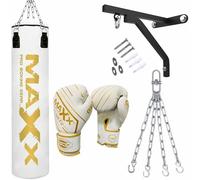 Maxx White And Gold 3ft 4ft 5ft 6ft Filled Hanging Boxing Punch Bag Set Heavy Punching bag (6PCS WITH BRACKET, 5FT)