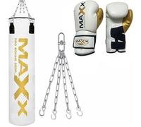 Maxx White And Gold 3ft 4ft 5ft 6ft Filled Hanging Boxing Punch Bag Set Heavy Punching bag (BAG + MITTS, 5FT)