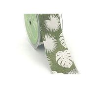May Arts Green 35mm May Arts Tropical Leaf Faux Linen Ribbon Sold on a 2m Length (N.B. This is a Cut from a roll, Presented on a Bertie's Bows Ribbon Card)
