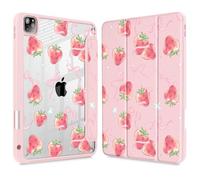 May Chen for iPad Pro 11 inch M2 4th Generation 2022, iPad Pro 11 3rd/2nd/1st Gen, Case with Transparent Shockproof Back Cover [Built-in Pencil Holder, Auto Sleep/Wake, Bow Strawberry