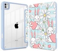 May Chen for iPad Pro 13 Inch Case M5 2025 / M4 2024, Built Pencil Holder & Clear Transparent Print Back Shell Slim Stand Shockproof Tablet Cover, Auto Wake/Sleep, Heart Rabbits