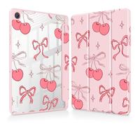 May Chen for Samsung Galaxy Tab A9 Plus 11 inch Cover 2023, Built-in Pencil Holder with Shockproof Cover Clear Transparent Back Shell Auto Wake/Sleep, Girly Cherry & Bow