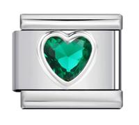 May Emerald Dark Green Smooth Love Heart Month Birth Year Birthday Stone Anniversary Birthstone Crystal Silver Italian 9mm Link Stainless Steel Bracelet Charm Compatible With Nomination