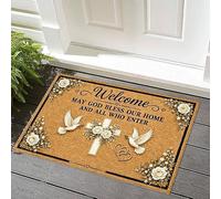 May God Bless Our Home and All Who Enter Doormat, 2027 Wedding Theme Entryway Floor Mat, Non-Slip Fiber Welcome Rug, for Front Door Indoor Apartment Housewarming Gift