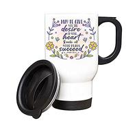 May He Give You The Desires of Your Heart Bible Verse/Quote Faith in God Present for Men/Women, Thanks Giving, Birthday Present Silver/White Insulated Travel Tea/Coffee Mug. (White)