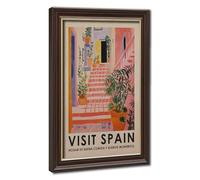 May Include_ A Colourful Poster Featuring A Painting of A Pink And Blue Building with A Staircase Leading Up to A Doorway. The Poster Has The Text_VISIT SPAIN_ And_HOGAR DE BUENA CO Canvas Poster Be
