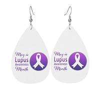 May Is Lupus Awareness Month Dangle Leather Clip on Earrings Faux PU Lightweight Teardrop Drop for Women