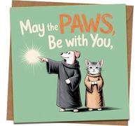 May the Paws Be With You Funny Dog & Cat Greeting Card, Star-Themed Pet Lover Humor, 145mm x 145mm Square, Kraft Envelope Included, For Birthday, Congratulations, Any Occasion