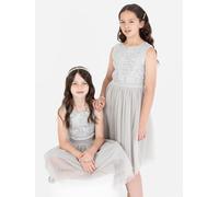 Maya Deluxe Girl's Midi Dress Sequins Embellished Party Tutu Bridesmaids Wedding with Belt Bow, Soft Grey, 7 Years