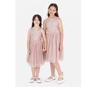 Maya Deluxe Girl's Midi Dress Sequins Embellished Party Tutu Bridesmaids Wedding with Belt Bow, Frosted Pink, 11 Years