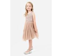 Maya Deluxe Girl's Midi Dress Sequins Embellished Party Tutu Bridesmaids Wedding with Belt Bow, Taupe Blush, 3 Years