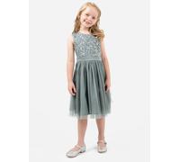 Maya Deluxe Girl's Midi Dress Sequins Embellished Party Tutu Bridesmaids Wedding with Belt Bow, Misty Green, 3 Years
