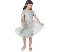 Maya Deluxe Girl's Midi Dress for Wedding with Sequin Embellishment Short Sleeve Prom Birthday Party Bridesmaid, Green Lily, 9-10 Years