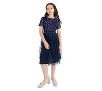 Maya Deluxe Girl's Midi Dress for Wedding with Sequin Embellishment Short Sleeve Prom Birthday Party Bridesmaid, Navy, 9-10 Years