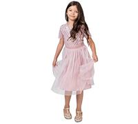 Maya Deluxe Girl's Midi Dress for Wedding with Sequin Embellishment Short Sleeve Prom Birthday Party Bridesmaid, Frosted Pink, 5-6 Years