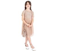 Maya Deluxe Girl's Midi Dress for Wedding with Sequin Embellishment Short Sleeve Prom Birthday Party Bridesmaid, Taupe Blush, 9-10 Years