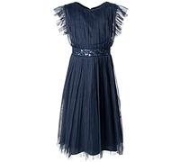 Maya Deluxe Girl's Midi Dress Sequins Embellished Birthday Party Frill Short Sleeves Bridesmaids Wedding, Navy, 7-8 Years