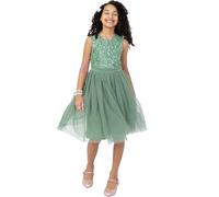 Maya Deluxe Girl's Midi Dress Sequins Embellished Party Tutu Bridesmaids Wedding with Belt Bow, Deep Mint, 11 Years