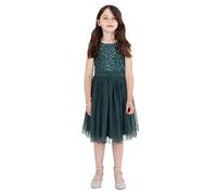 Maya Deluxe Girl's Midi Dress Sequins Embellished Party Tutu Bridesmaids Wedding with Belt Bow, Emerald Green, 7 Years