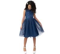 Maya Deluxe Girl's Midi Dress Sequins Embellished Party Tutu Bridesmaids Wedding with Belt Bow, French Navy, 7 Years