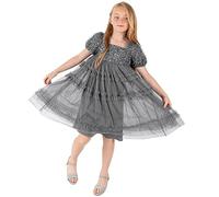 Maya Deluxe Girl's Midi Dress Sequins Embellished Short Sleeves Party Tutu Ruffles Frilly Bridesmaids Wedding Kids Children, Charcoal, 7-8 Years