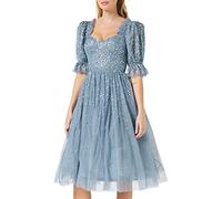 Maya Deluxe Women's Ladies Dress Midi Sequin Embellished Frilly Sweetheart Neckline Puffed Sleeves for Wedding Guest Prom Evening, Dusty Blue, 22