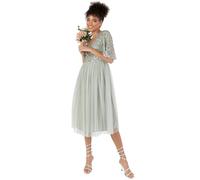 Maya Deluxe Ladies Midi Dresses for Women Embellished V Neck Flutter 3/4 Sleeve Sequins Wedding Guest Prom Graduation Green Lilly Size 14