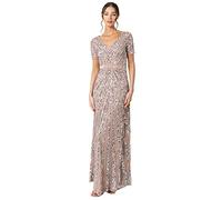 Maya Deluxe Women's Maxi Ladies Embellished Sequin Dress Long Short Sleeve V Neck High Empire Waist A Cut Shiny Prom Wedding Bridesmaid, Taupe, 18