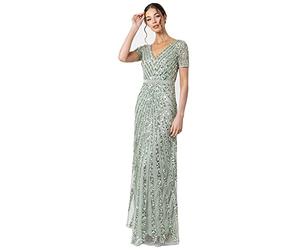 Maya Deluxe Maxi Womens Ladies Embellished Sequin Dress Long Short Sleeve V Neck High Empire Waist A Cut Shiny Prom Wedding