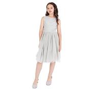 Maya Deluxe Girl's Midi Dress Sequins Embellished Party Tutu Bridesmaids Wedding with Belt Bow, Soft Grey, 7 Years
