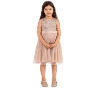Maya Deluxe Midi Dress for Girls Sequins Embellished Party Tutu Bridesmaids Wedding with Belt Bow Taupe Blush Size 5-6 Years