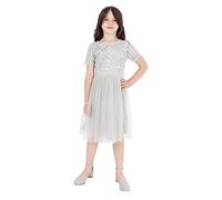 Maya Deluxe Girl's Midi Dress for Wedding with Sequin Embellishment Short Sleeve Prom Birthday Party Bridesmaid, Soft Grey, 5-6 Years