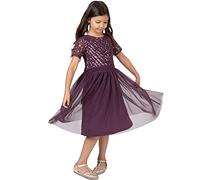 Maya Deluxe Girl's Midi Dress for Wedding with Sequin Embellishment Short Sleeve Prom Birthday Party Bridesmaid, Berry, 5-6 Years
