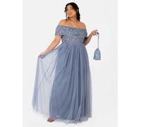 Maya Deluxe Women's Ladies Bardot Dress Maxi Embellished Hight Empire Waist Sleeveless Tulle for Wedding Guest Prom Graduation Bridesmaid, Dusty Blue, 10