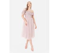 Maya Deluxe Women's Ladies Bardot Dresses Midi High Empire Waist Sequins Embellished Formal Evening for Wedding Guest Bridesmaid, Frosted Pink, 14