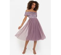 Maya Deluxe Women's Ladies Bardot Dresses Midi High Empire Waist Sequins Embellished Formal Evening for Wedding Guest Bridesmaid, Moody Lilac, 24 (AZBR67MIDI-PC)