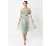 Maya Deluxe Women's Ladies Bardot Dresses Midi High Empire Waist Sequins Embellished Formal Evening for Wedding Guest Bridesmaid, Green Lily, 24