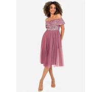 Maya Deluxe Women's Ladies Bardot Dresses Midi High Empire Waist Sequins Embellished Formal Evening for Wedding Guest Bridesmaid, Desert Rose, 24