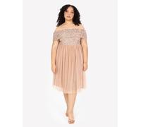 Maya Deluxe Women's Ladies Bardot Dresses Midi High Empire Waist Sequins Embellished Formal Evening for Wedding Guest Bridesmaid, Taupe Blush, 6