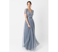 Maya Deluxe Women's Maxi for Women Ladies Braidesmaid V-Neck Plus Size Ball Gown Short Sleeves Long El Bridesmaid Dress, Dusty Blue, 14 UK