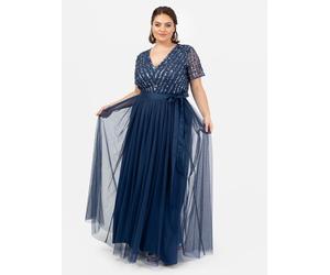 Maya Deluxe Women's Belted Stripe Embellished Maxi Dress in Navy | Size: 16 Maya Deluxe Navy 16