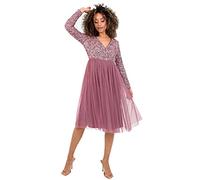Maya Deluxe Women's Ladies Wedding Guest Midi Dress Long Sleeve Plunging Neckline V Neck Sequin Embellished Graduation Bridesmaid, Desert Rose, 22