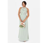 Maya Deluxe Women's Maxi Dress Ladies Sleeveless Halterneck Floral Sequin Embellished A-line for Wedding Guest Evening Ball Gown, Green Lily, 16