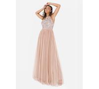 Maya Deluxe Women's Ladies Bridesmaid Maxi Dress Halter Neck Sequin Embellished Prom Graduation Wedding, Taupe Blush, 18