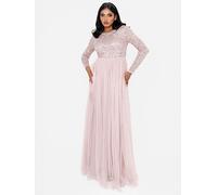 Maya Deluxe Women's Ladies Dress for Wedding Guest Plus Size Empire High Waist Sequins Long Sleeve Evening Bridesmaid, Frosted Pink, 10